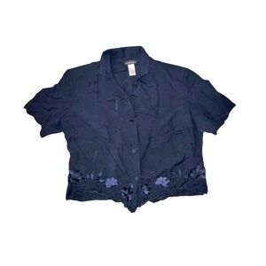 Bahari Linen Blend Floral Emroidered Shirt Short Sleeve Navy Size Large
